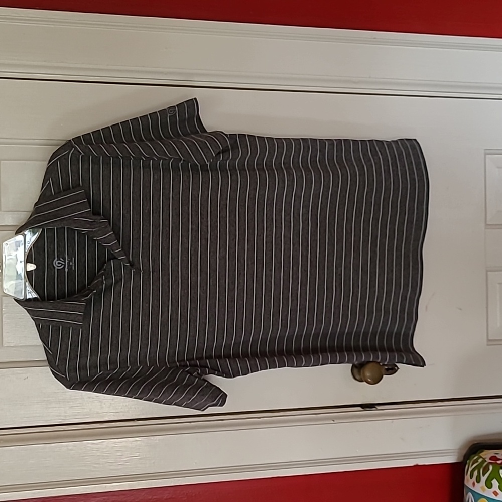 Champion dry weave golf shirt, gray with light green stripe, medium